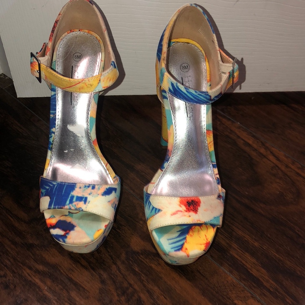 Hot Tomato floral Blue and Orange High Heeled Sandals with Ankle Strap